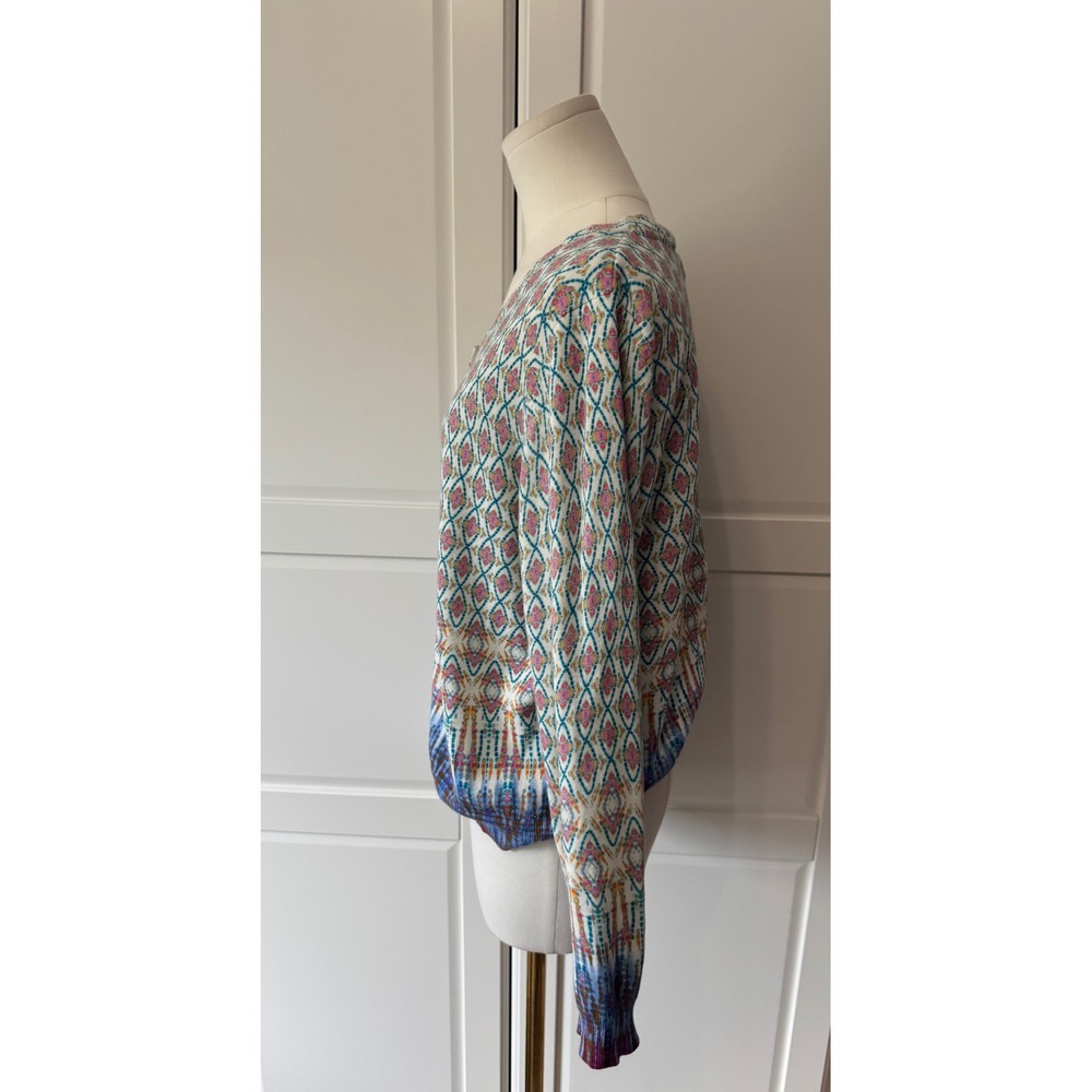 Sundance Womens Large Cotton Geometric Diamond Ikat Button Front Cardigan Blue - Picture 2 of 4